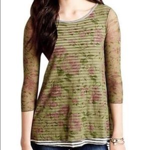 Anthro Green Floral Screen Printed and Striped Top